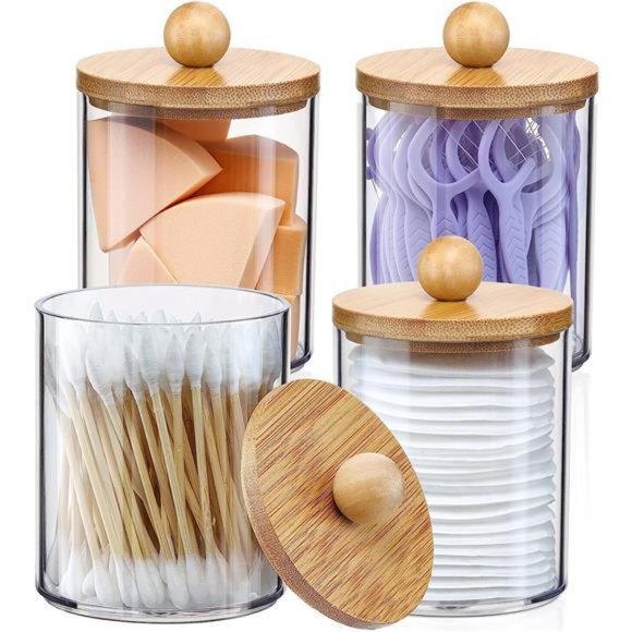 4 Pack Qtip Holder Dispenser with Bamboo Lids 10 oz Clear Plastic Apothecary Jar - Picture 1 of 6